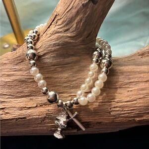Silver and White‎ Beaded Bracelet with Charms
